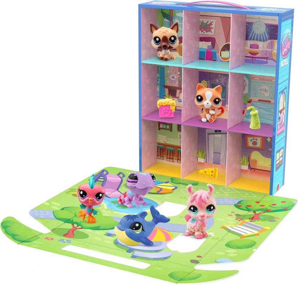 Bandai Littlest Pet Shop Sada 6 figurek s hotelem pro zvířata Hotel