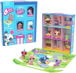 Bandai Littlest Pet Shop Sada 6 figurek s hotelem pro zvířata Hotel